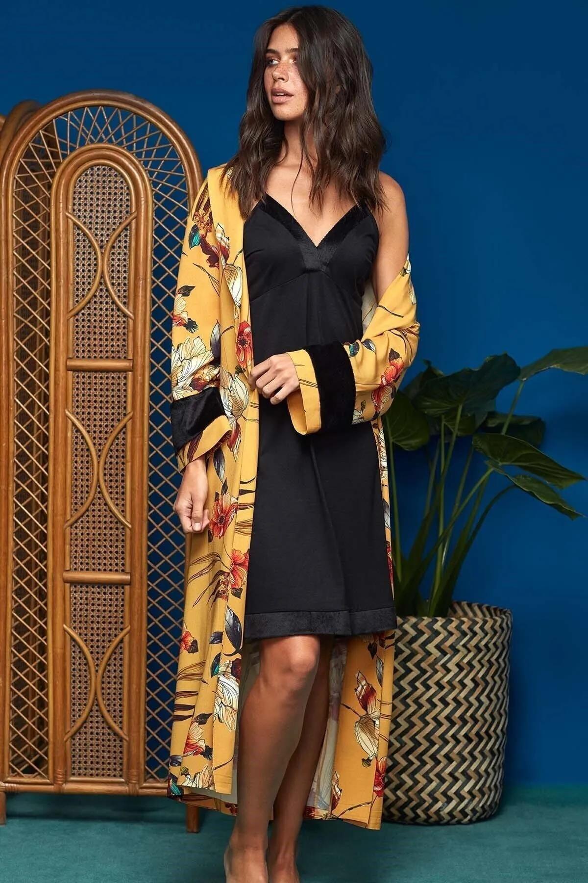 8697360632082 Penye Mood 8610 Sabahlık Takım Sarı Desenlı - Görsel 1