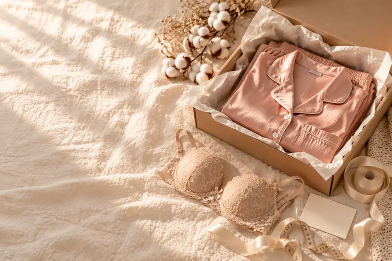 Kraft kutuda özenle paketlenmiş saten pijama takımı ve dantelli sütyen