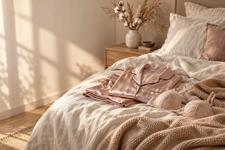 Yatak üzerinde saten pijama takımı ve dantelli sütyen