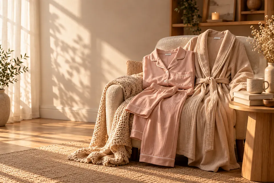 Koltuk üzerinde pamuklu pijama takımı ve sabahlık